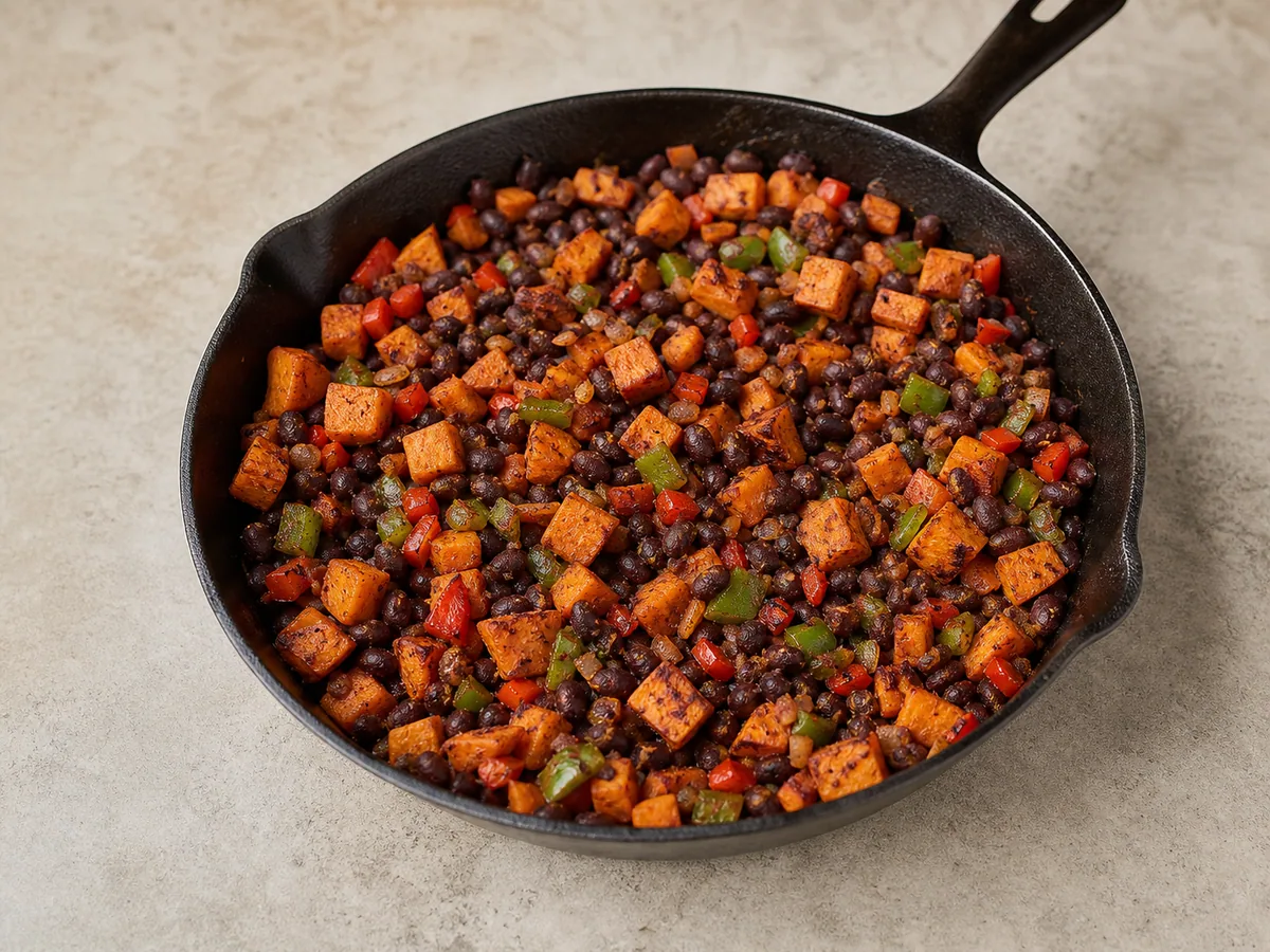 Spiced sweet potato hash with hot black beans and crisp-edged cubes in the skillet