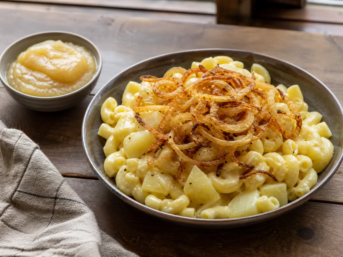 Macarrão alpino suíço com cubos de batata e cebolas douradas ao lado de purê de maçã