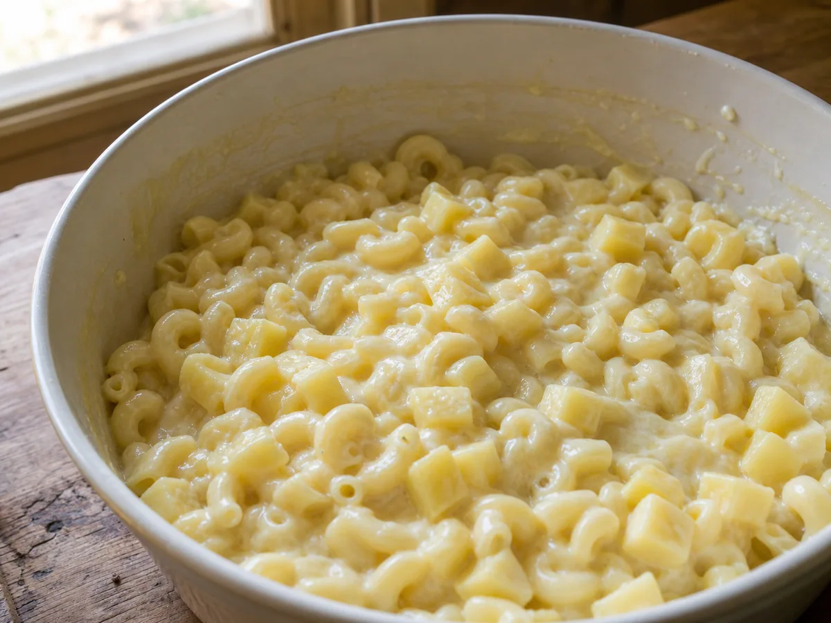Cobertura cremosa de Gruyère envolvendo o macarrão e os cubos de batata antes da finalização com cebola
