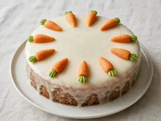 Pastel suizo de zanahoria con glaseado de limón y zanahorias de mazapán