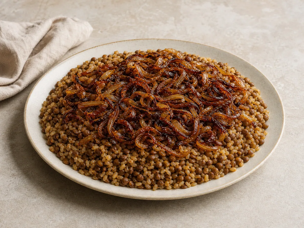Mujadara siria con lentejas, bulgur y cebollas caramelizadas en una fuente de cerámica
