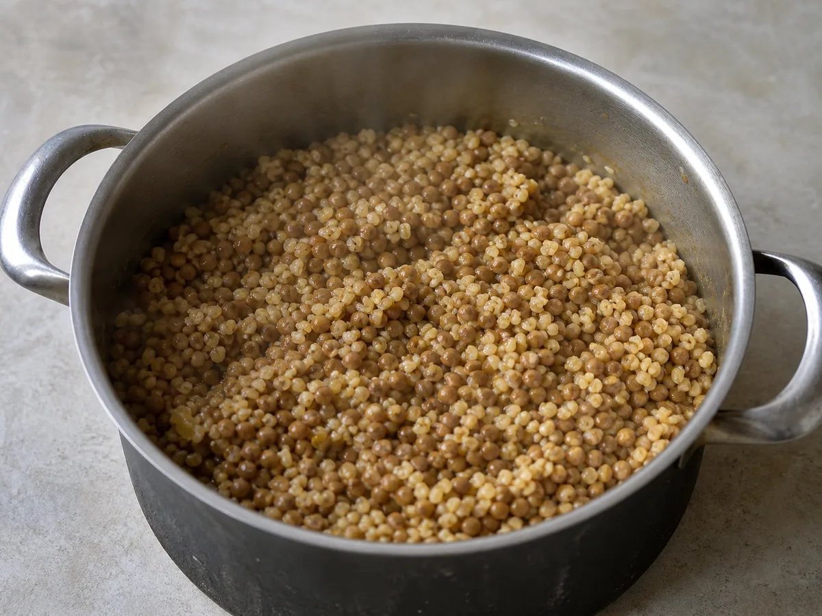 Pilaf de lentilhas e trigo para quibe cozido, com líquido absorvido e grãos tenros e soltos