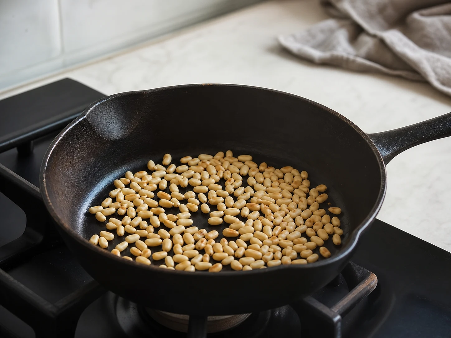 Pine nuts toasted to an even pale gold for Syrian shish barak