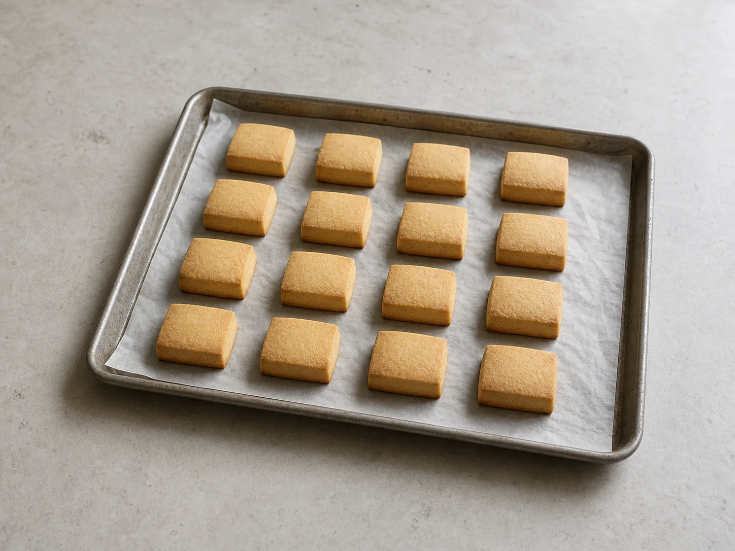 Fully baked Taiwanese pineapple cakes with matte pale-golden tops on a baking sheet