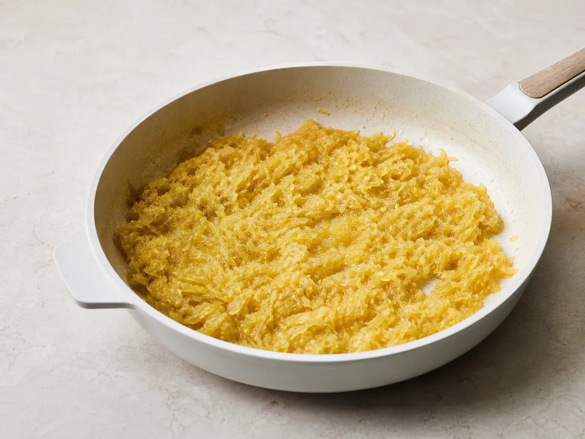 Shredded pineapple reduced until glossy with almost no free juice in the skillet
