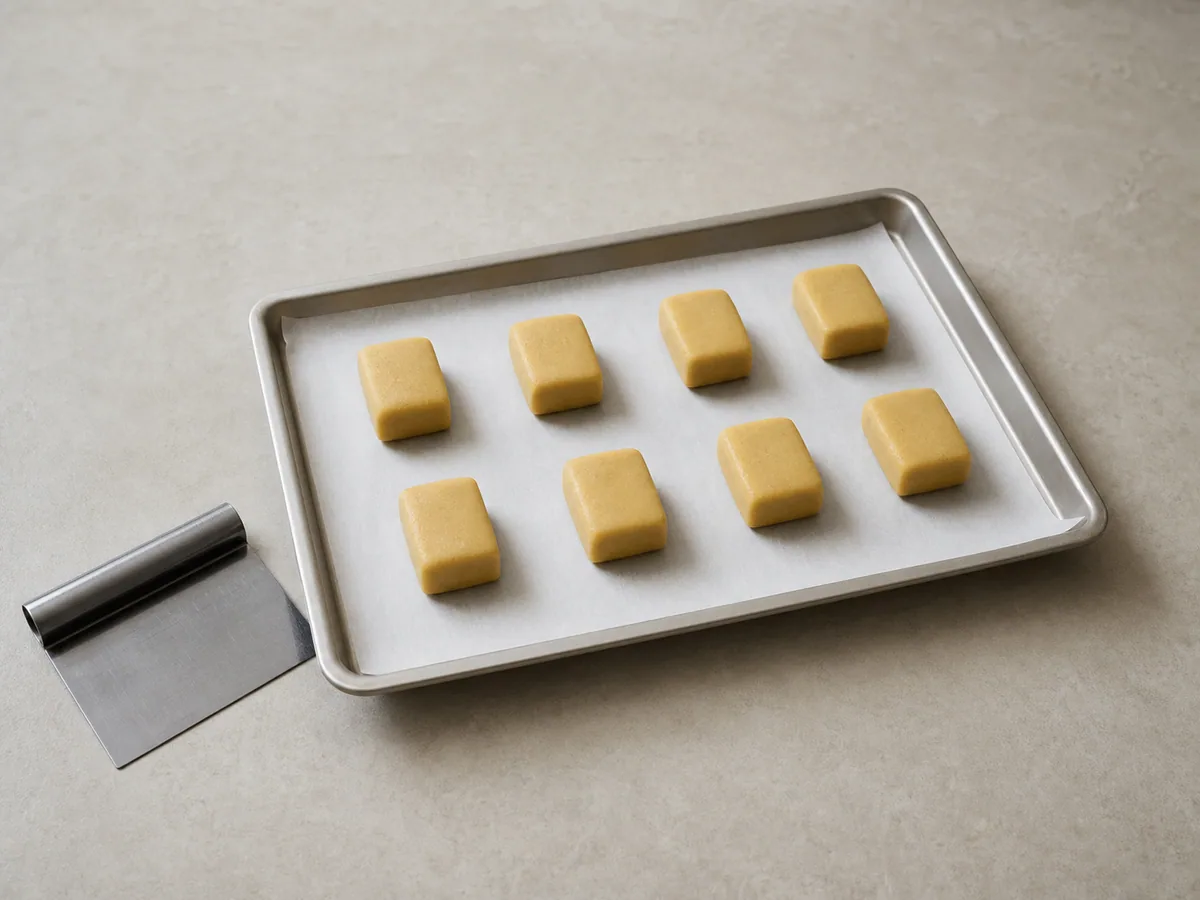 Eight filled pineapple cakes shaped into squat rectangles on a parchment-lined baking sheet