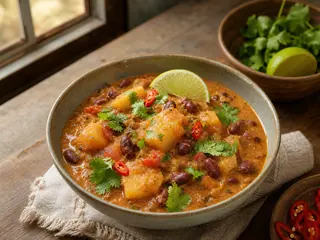 Tazón de curry inspirado en Tanzania con frijoles, coco, yuca y cilantro