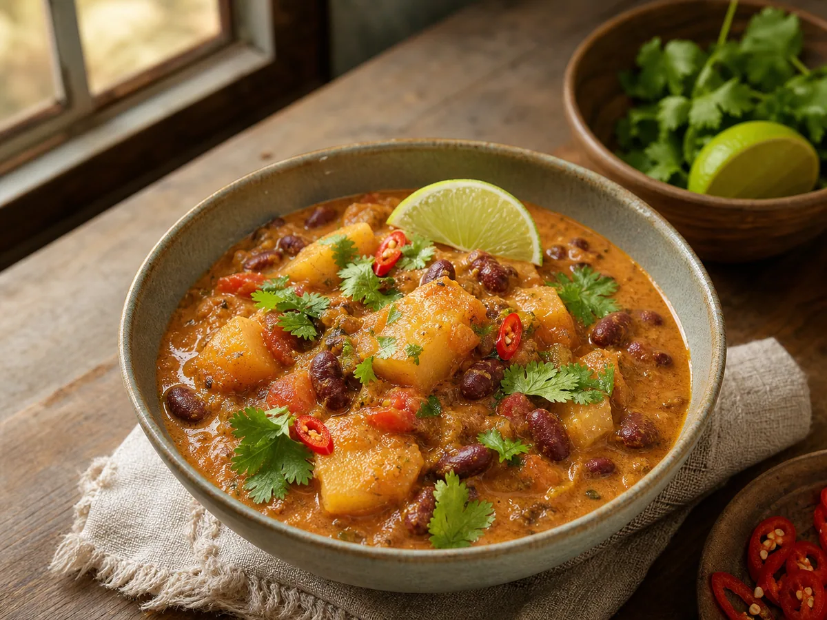 Bowl of Tanzanian-inspired coconut bean curry with cassava and cilantro