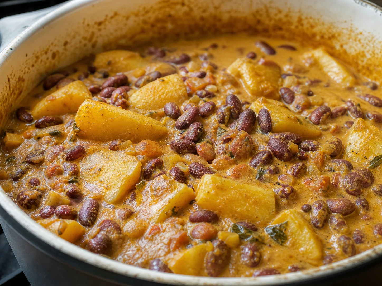 Kidney beans and intact cassava chunks coated in tomato-coconut sauce