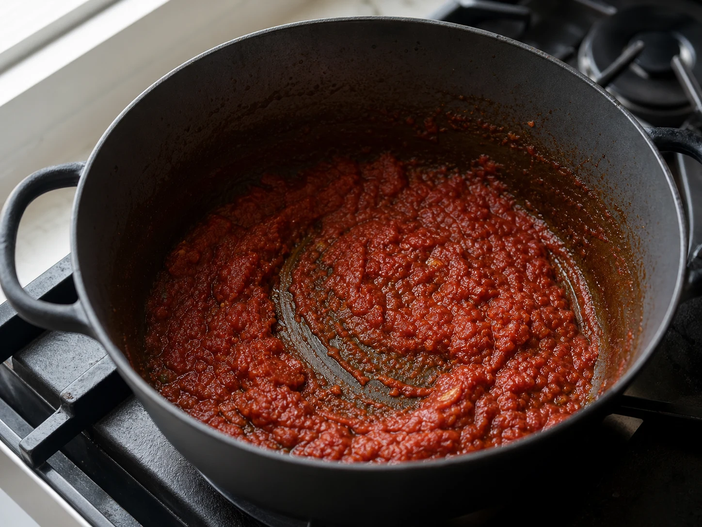 Thickened tomato and spice base leaving a brief spoon trail in the pot