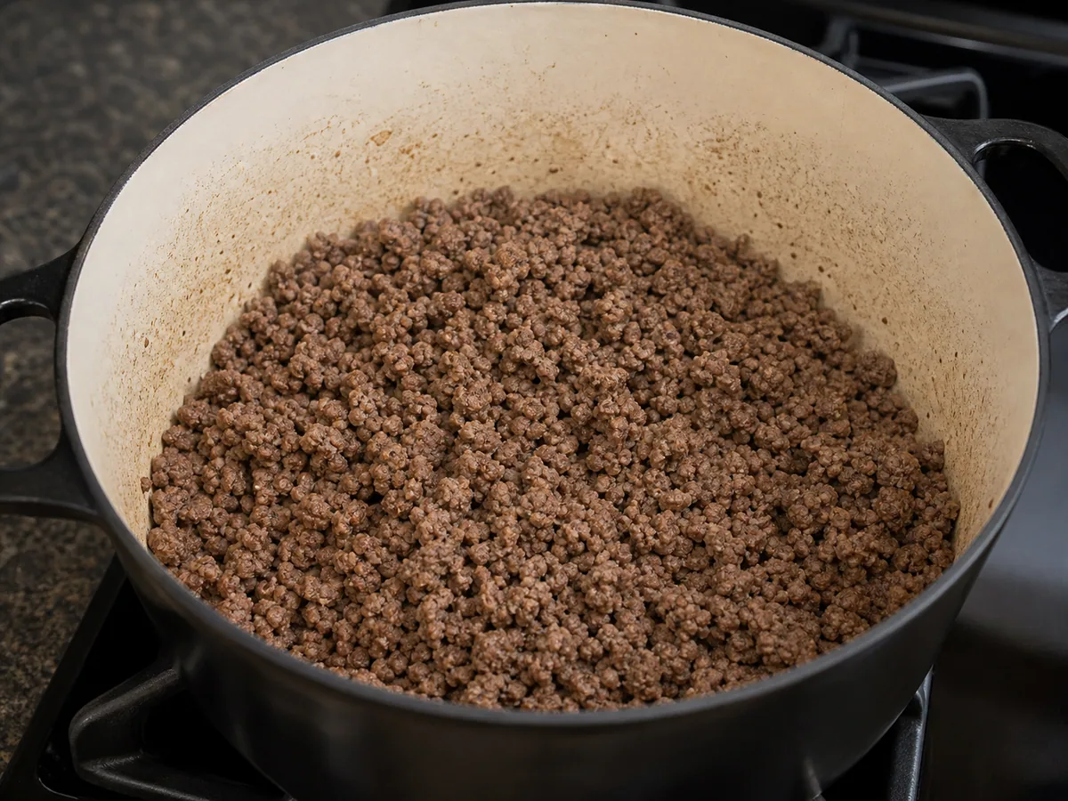 Fully browned ground beef crumbles in a Dutch oven after reaching 71°C/160°F
