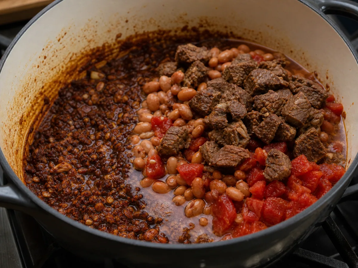 Darkened chile-tomato paste coating softened onion and peppers in a Dutch oven