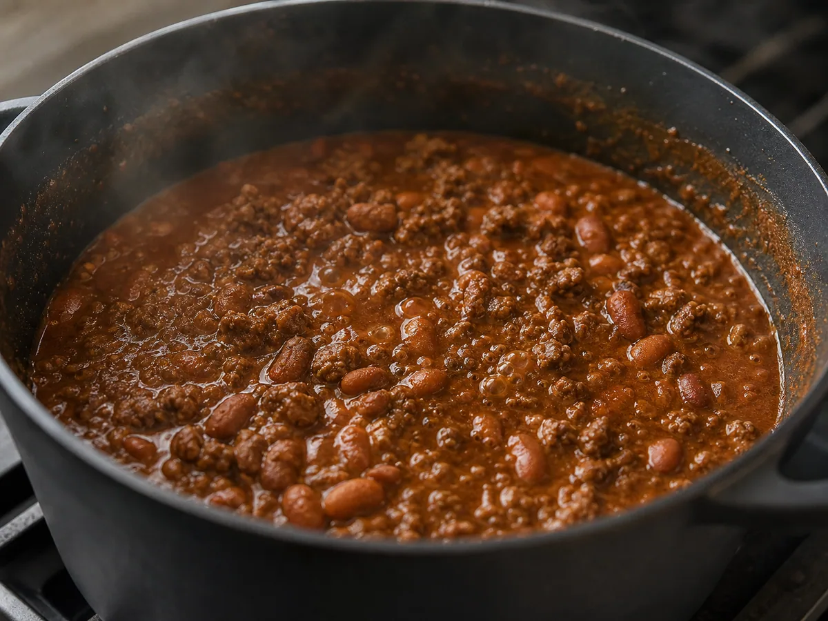 Thick Texas beef and pinto bean chili simmering in a Dutch oven with whole beans visible