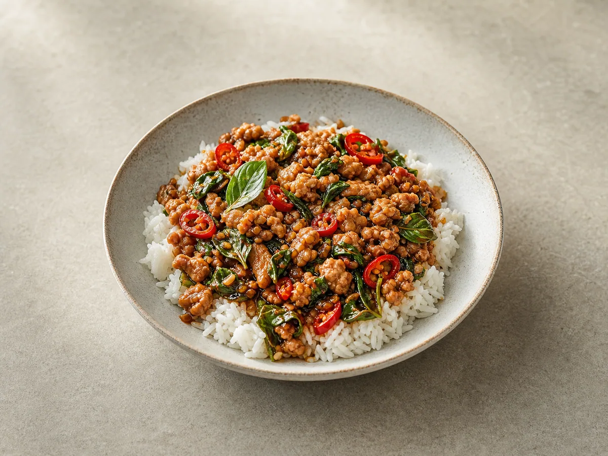 Pollo tailandés salteado con albahaca servido sobre arroz jazmín, con albahaca santa y chiles rojos