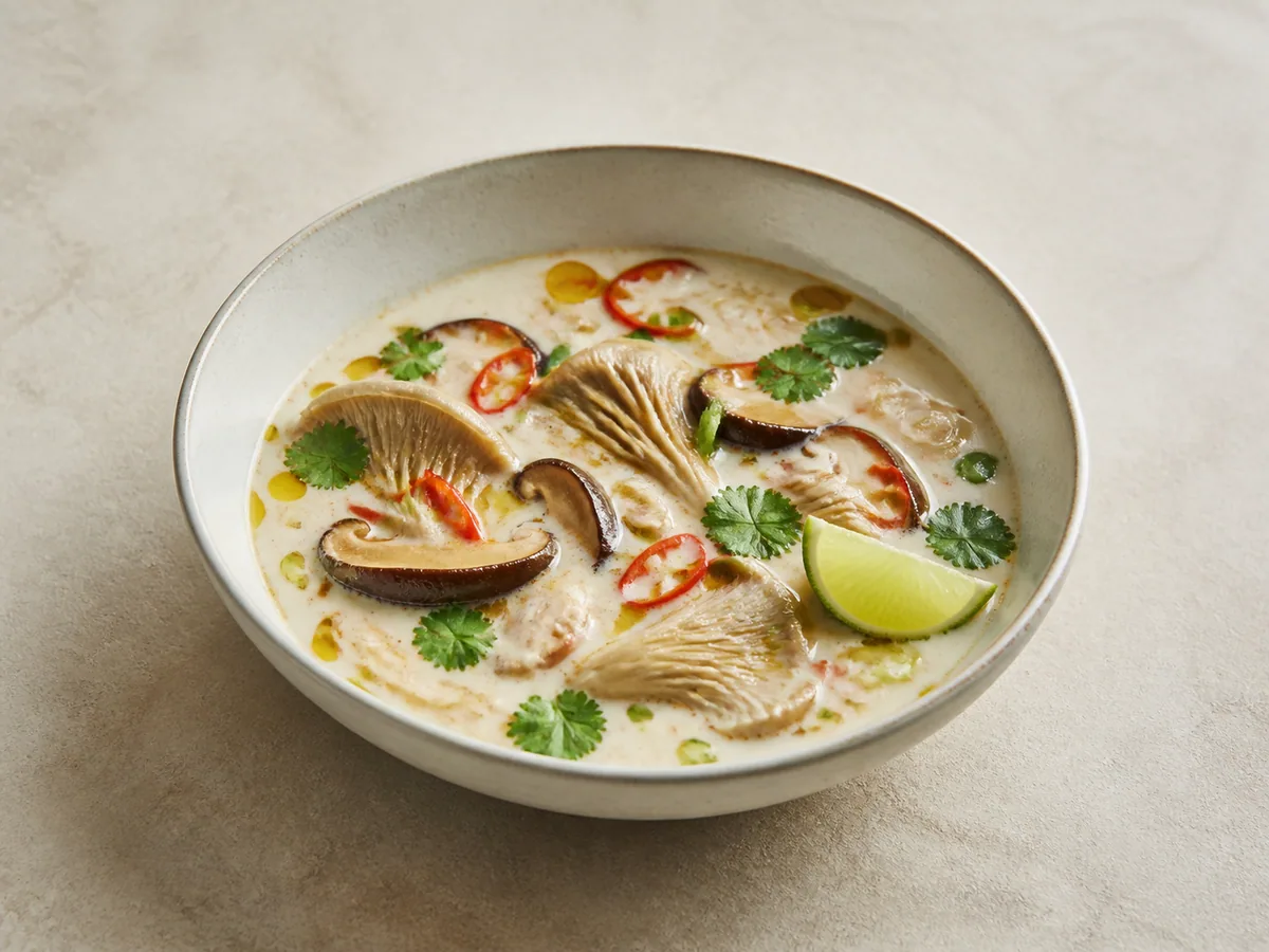 Tazón de sopa tailandesa de setas con coco, cilantro y chile rojo