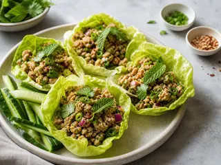 Fuente de larb de pollo bien cocido en cogollos de lechuga mantecosa con pepino y hierbas frescas