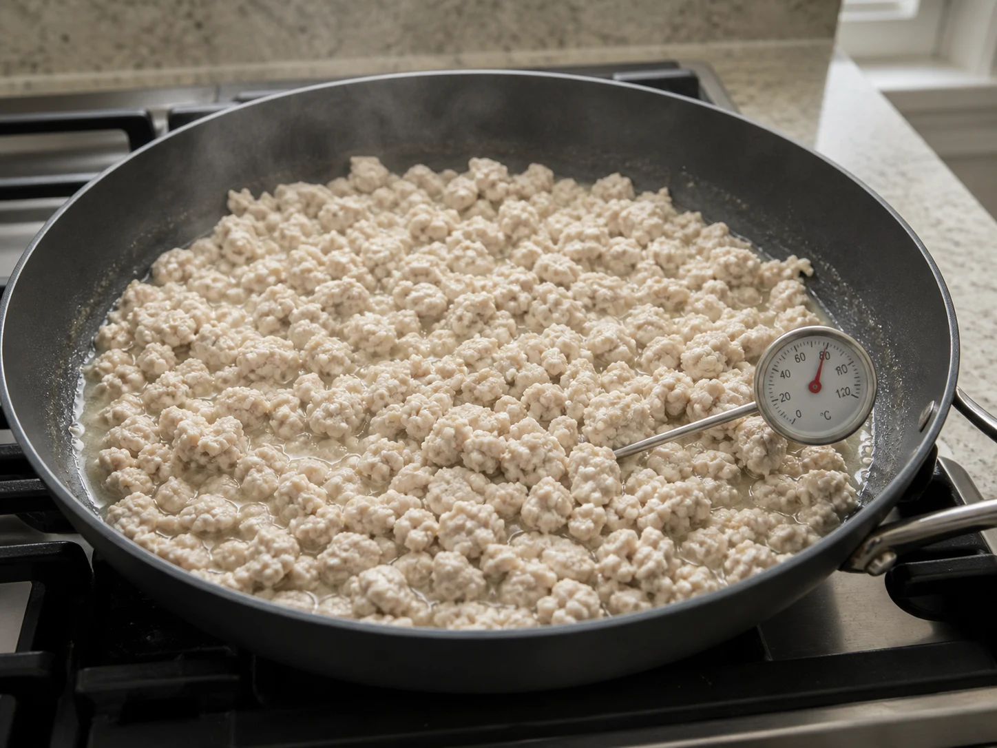 Trocitos opacos de pollo bien cocido revisados con un termómetro de cocina limpio en una sartén amplia