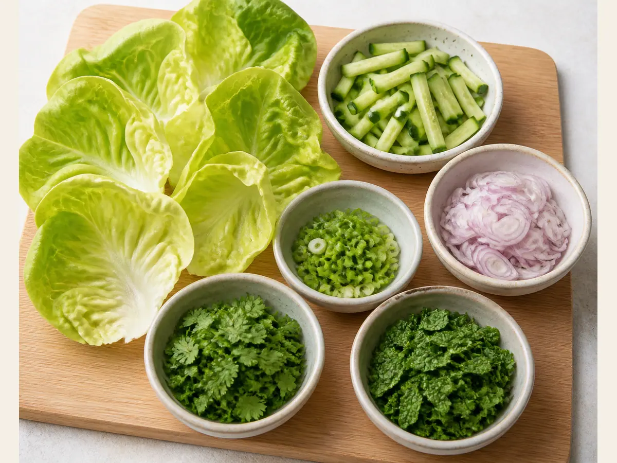 Prepared butter lettuce cups, cucumber matchsticks, sliced shallots and scallions, cilantro, and mint