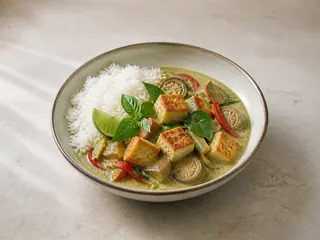 Curry verde tailandês com tofu dourado, berinjela, pimentão, manjericão e arroz jasmim