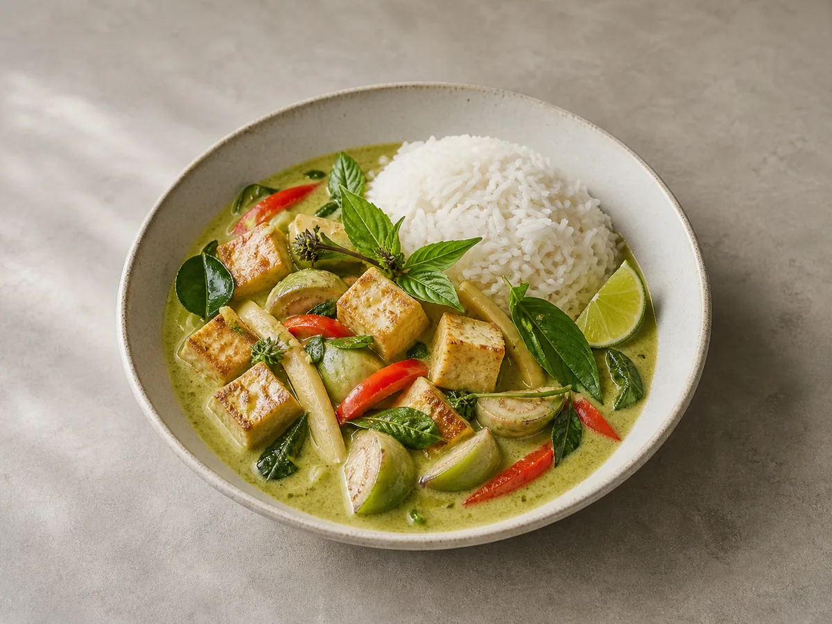 Curry verde tailandês com tofu dourado, berinjela, pimentão vermelho, manjericão e arroz-jasmim
