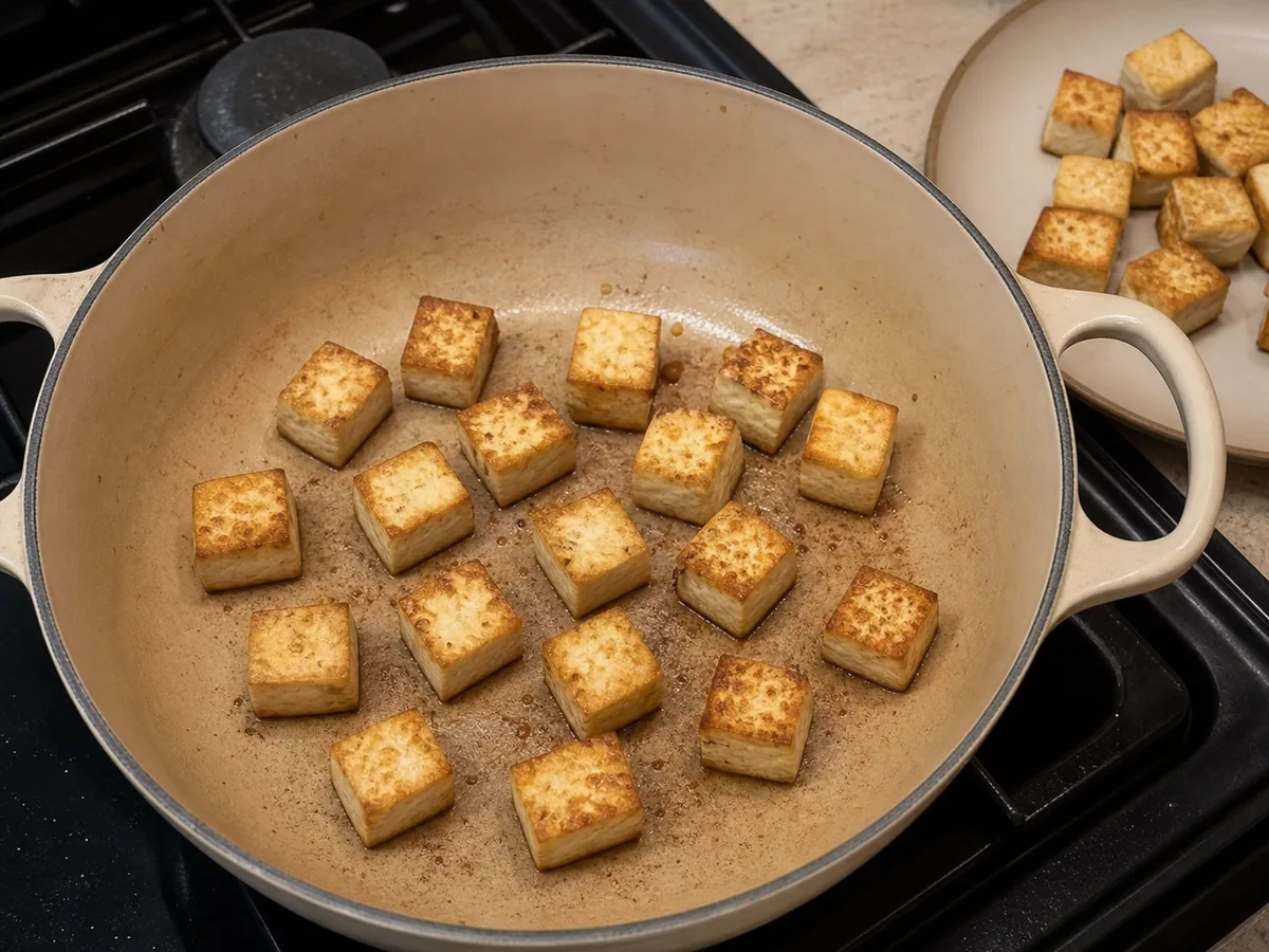 Dourando o tofu durante o preparo