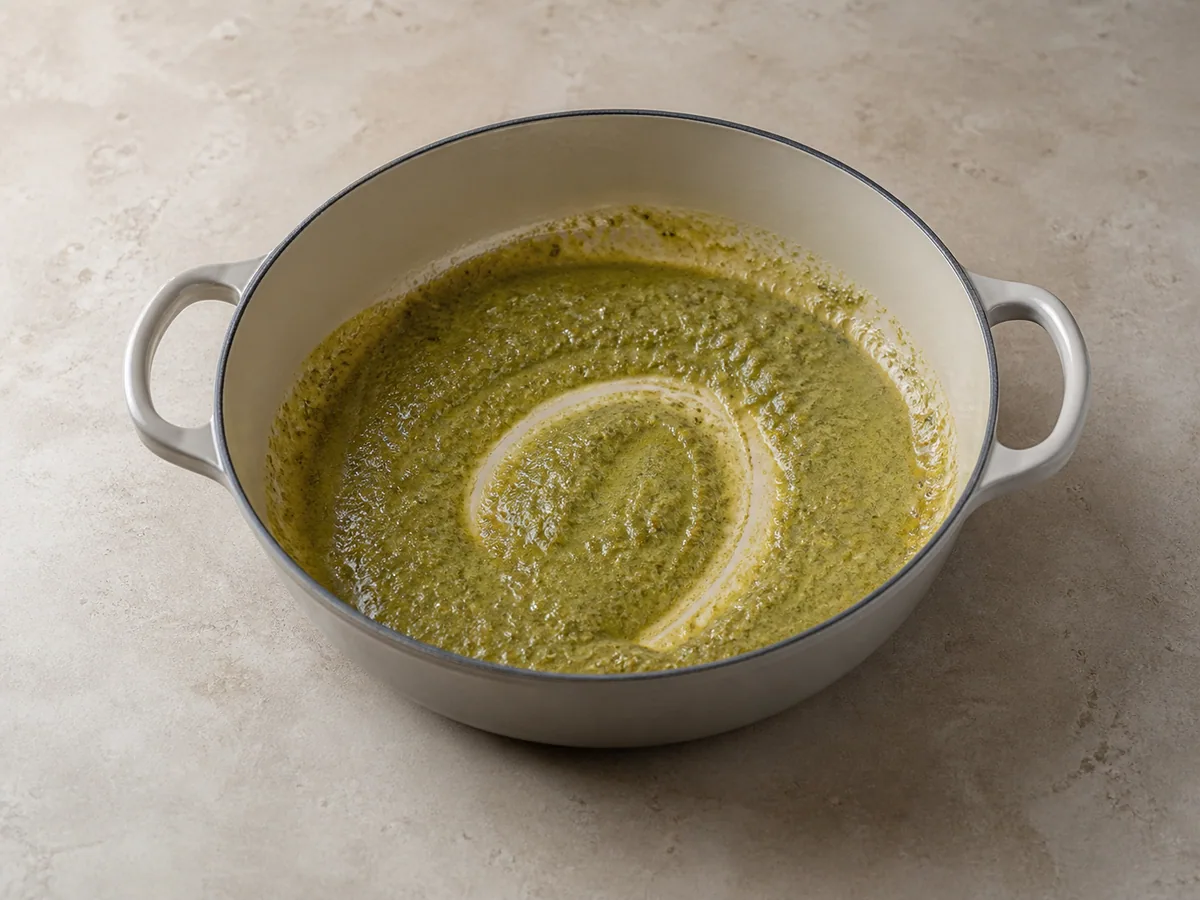 Pasta de curry verde refogada em leite de coco espesso com pequenas gotas de óleo