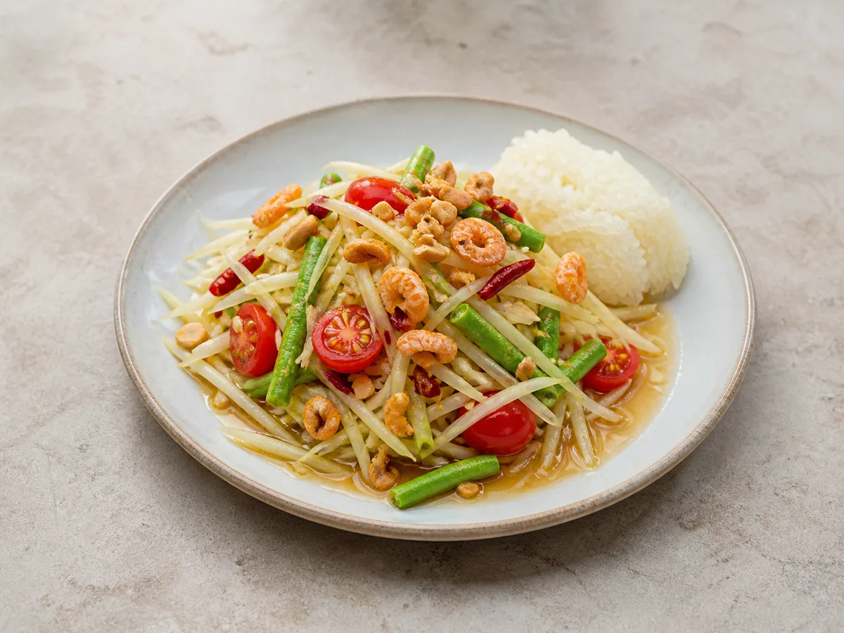 Thai green papaya salad with tomatoes, yardlong beans, peanuts, and lime dressing