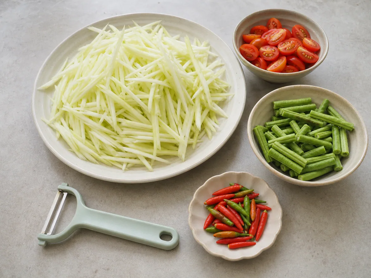 Tiras firmes de mamão verde com tomates, feijão-de-corda e pimentas preparados para o som tam