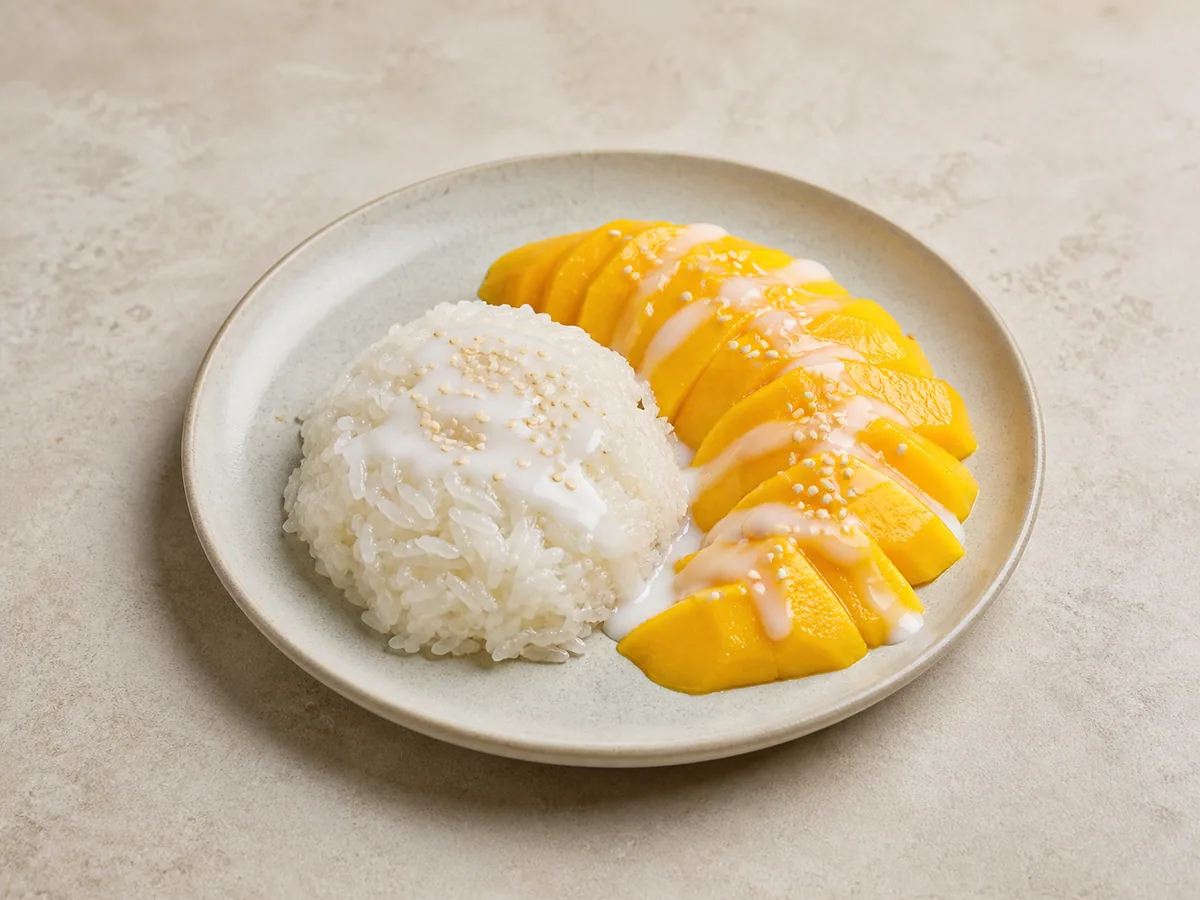 Thai mango sticky rice with coconut sauce and toasted sesame