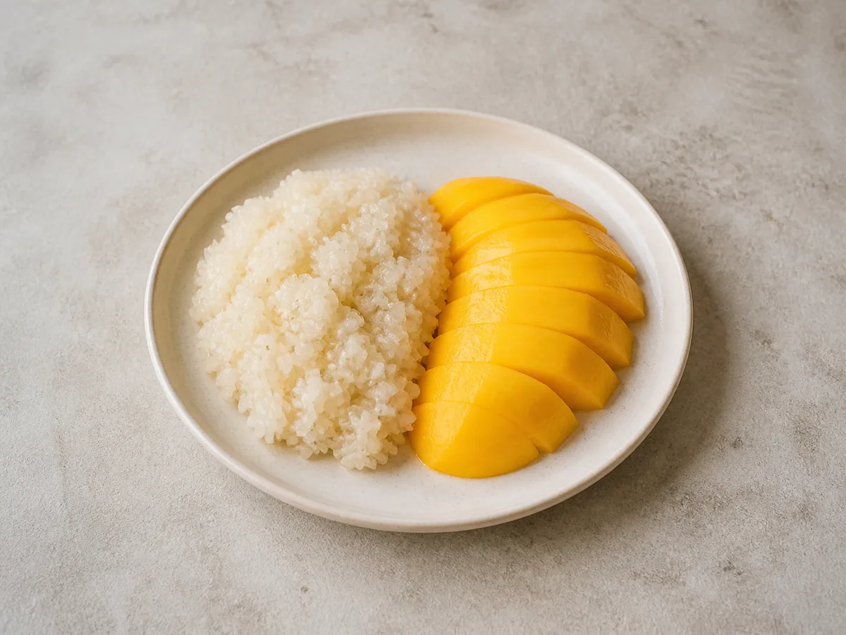 Arroz pegajoso de coco tibio servido junto a mango en rebanadas antes de añadir la salsa y el sésamo