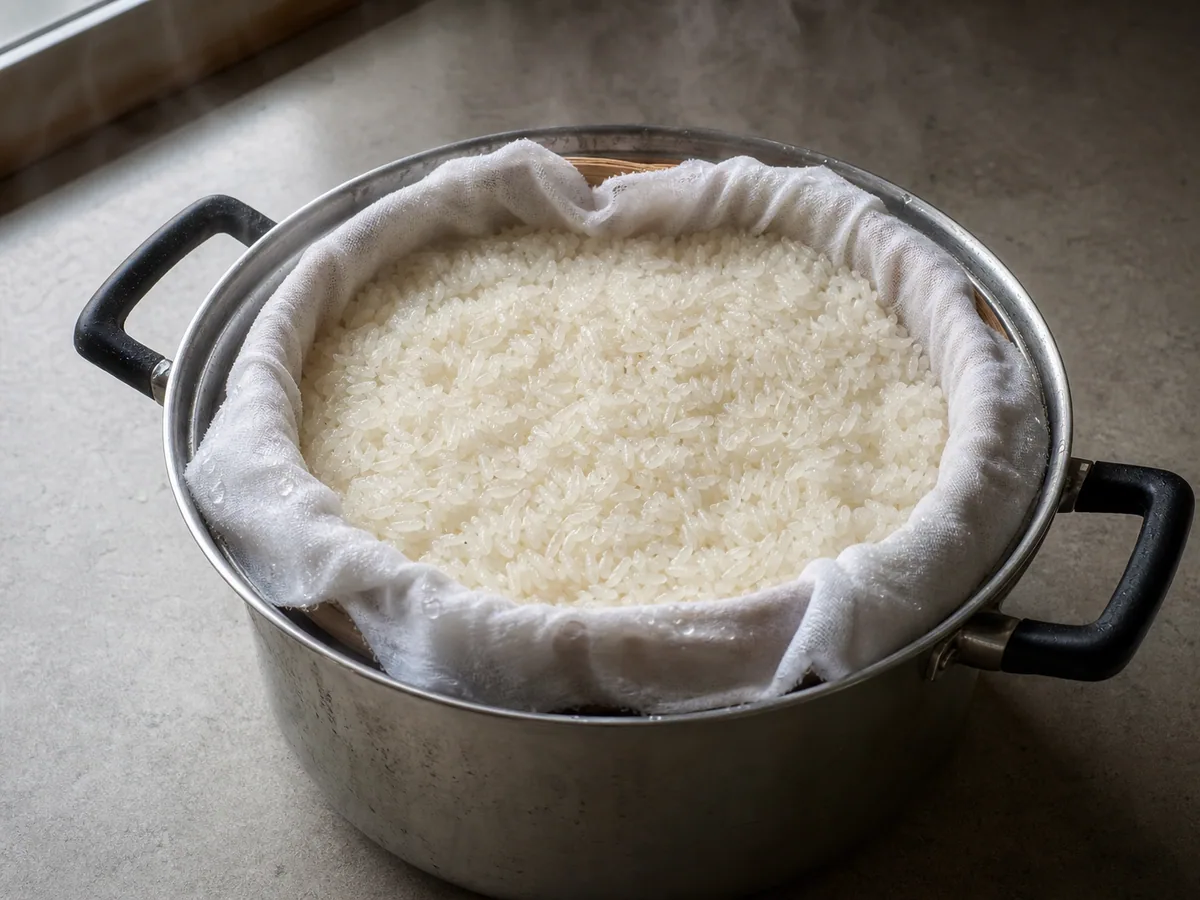Arroz glutinoso tailandés translúcido revisado en una vaporera forrada con tela