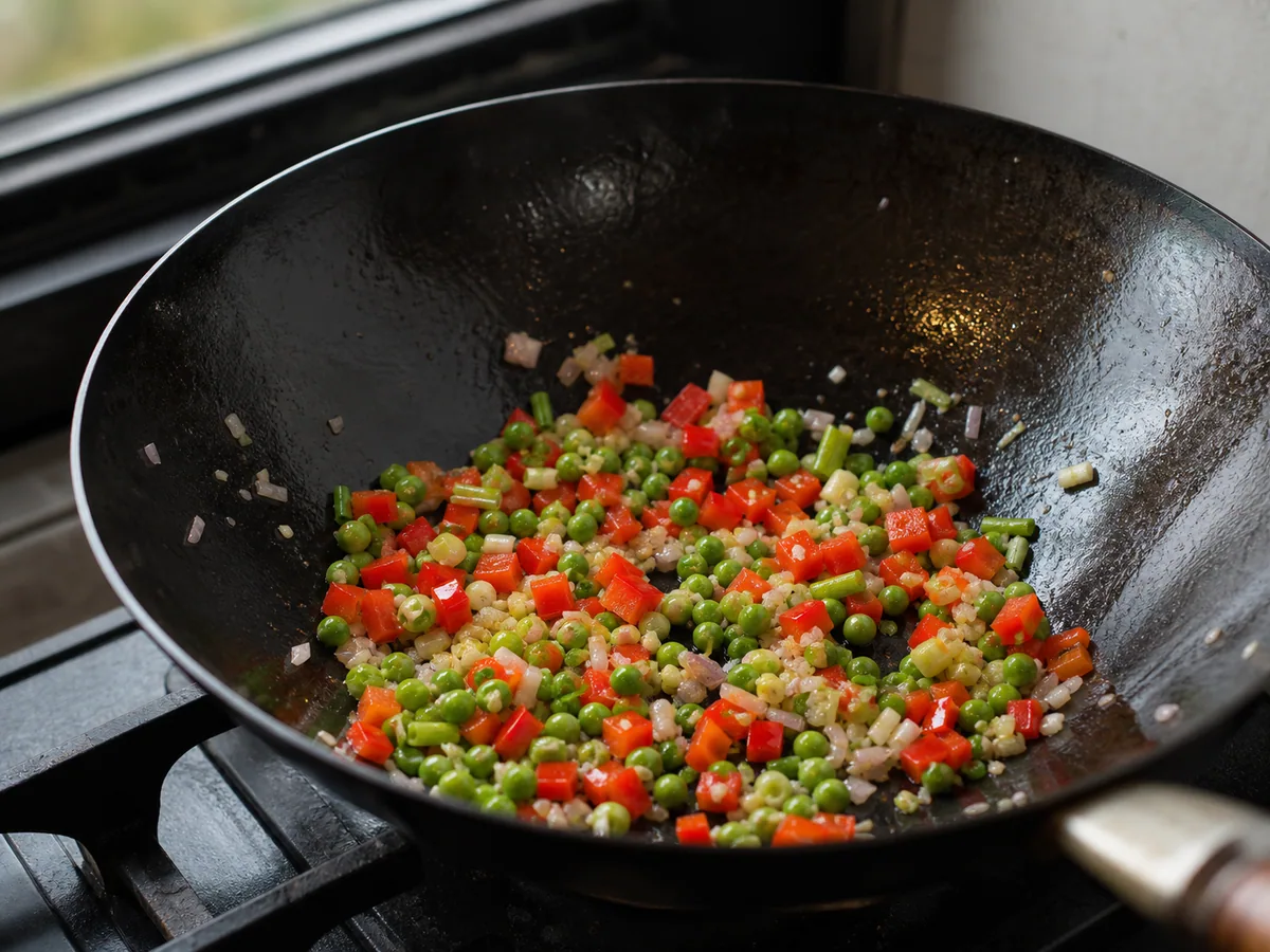 Red bell pepper and peas stir-frying with shallot, garlic, and scallion whites until crisp-tender