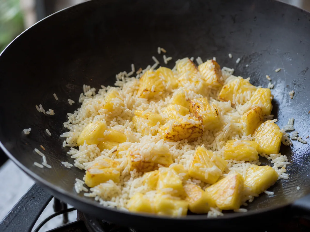 Jasmine rice and pineapple frying in a wok until the grains separate and pineapple edges brown
