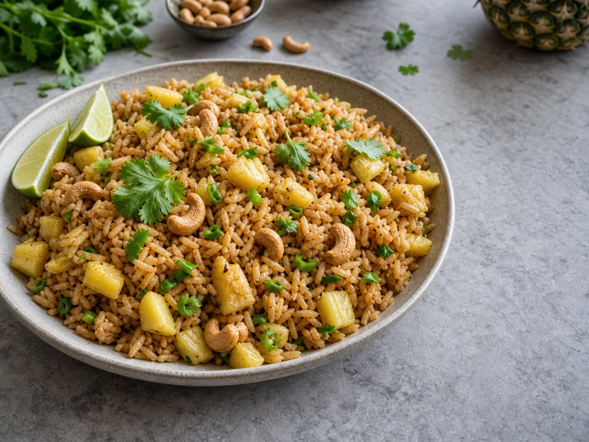 Seasoned pineapple fried rice in a wok with absorbed sauce, cashews, and scallion greens