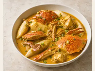 Tobago-style curry crab with dumplings in golden coconut sauce