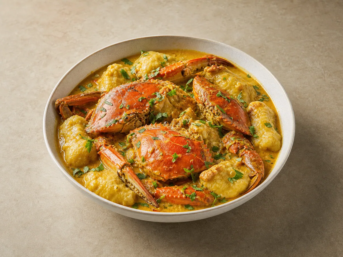 Tobago-style curry crab with dumplings in golden coconut sauce