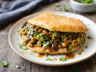 Trinidadian doubles with curried chickpeas, tamarind sauce, and cilantro