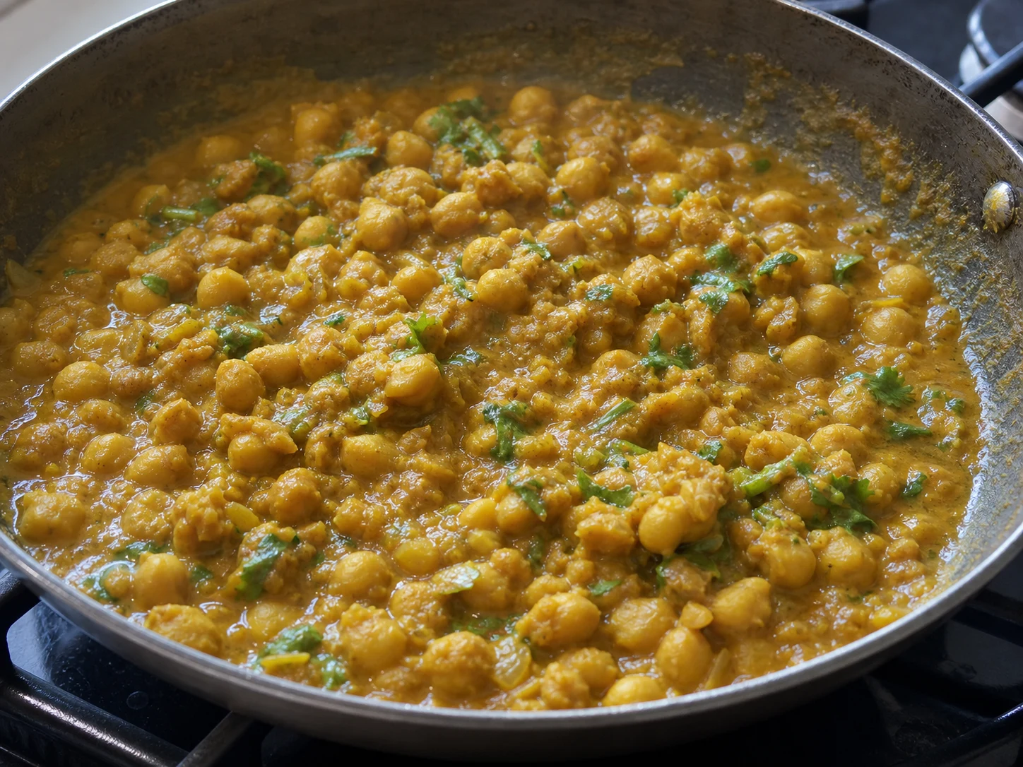 Garbanzos al curry jugosos y parcialmente aplastados para doubles trinitenses