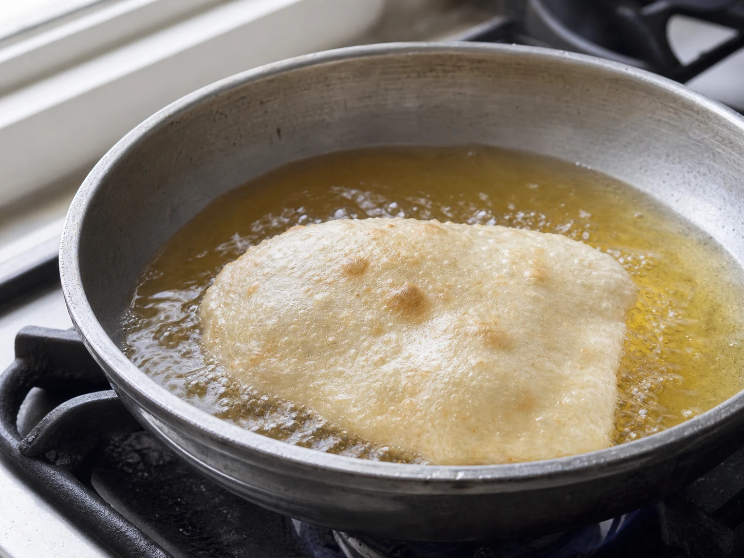 Bara suave con cúrcuma inflándose en aceite caliente para doubles trinitenses