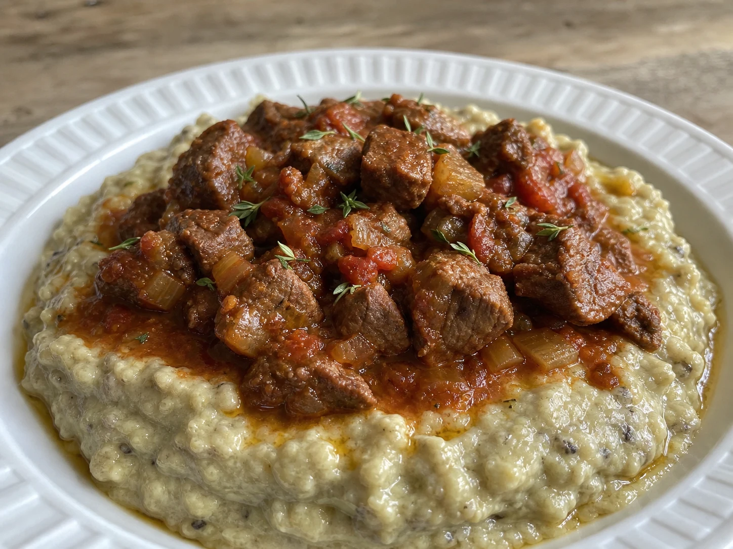 Estofado de res totalmente cocido y tierno al tenedor en salsa de tomate brillante para Hünkar Beğendi turco