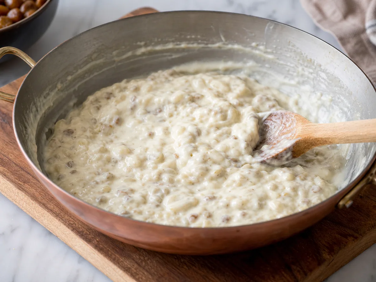 Puré brillante de berenjena ahumada con queso kaşar fundido en una cacerola
