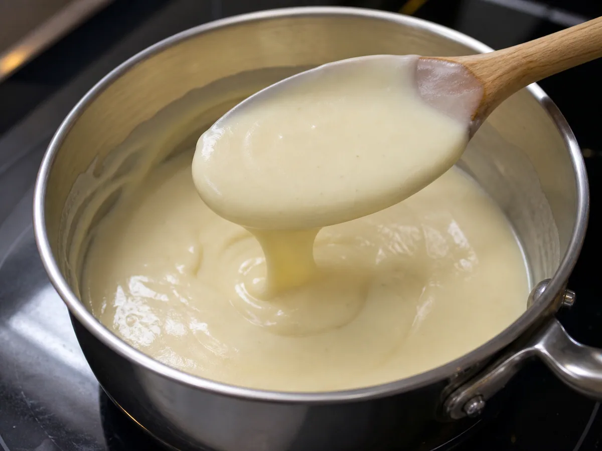 Salsa de leche lisa y espesa cubriendo una cuchara para Hünkar Beğendi turco