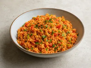 Cuenco poco profundo de pilaf turco de bulgur con tomate, pimiento verde y perejil