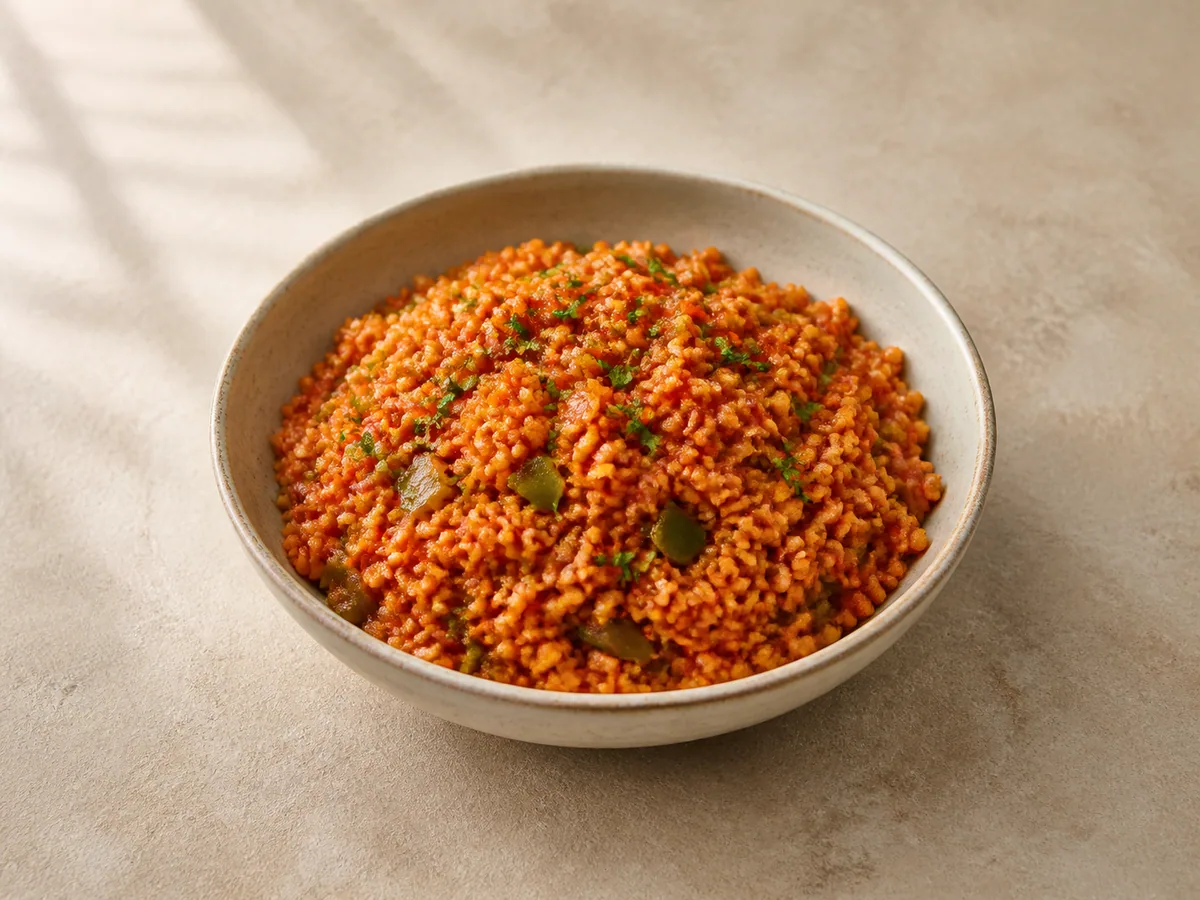 Shallow bowl of Turkish bulgur pilaf with tomato, green pepper, and parsley