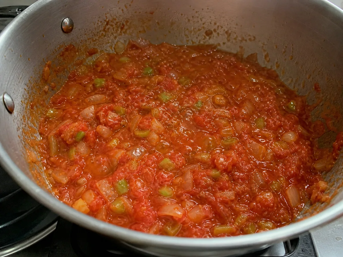 Base de tomate brillante con cebolla y pimiento verde tiernos antes de añadir el bulgur