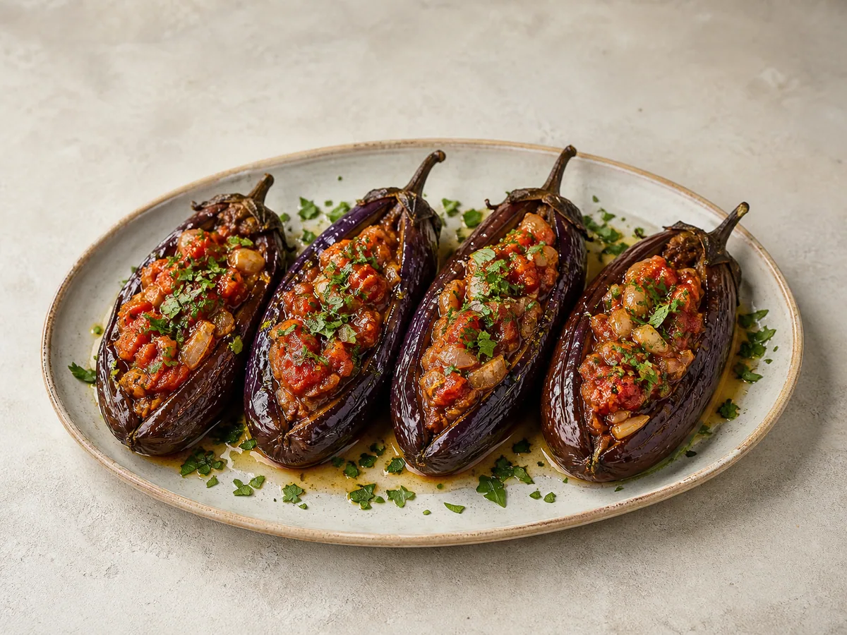 Berenjenas de Imam Bayildi turco rellenas de tomates y cebollas
