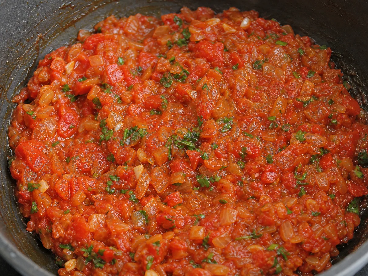 Cocina el relleno de tomate y cebolla durante la preparación