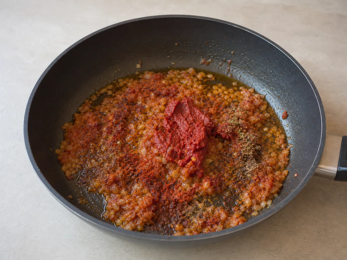 Base brilhante de cebola e tomate em tom vermelho-tijolo, com cebola levemente dourada