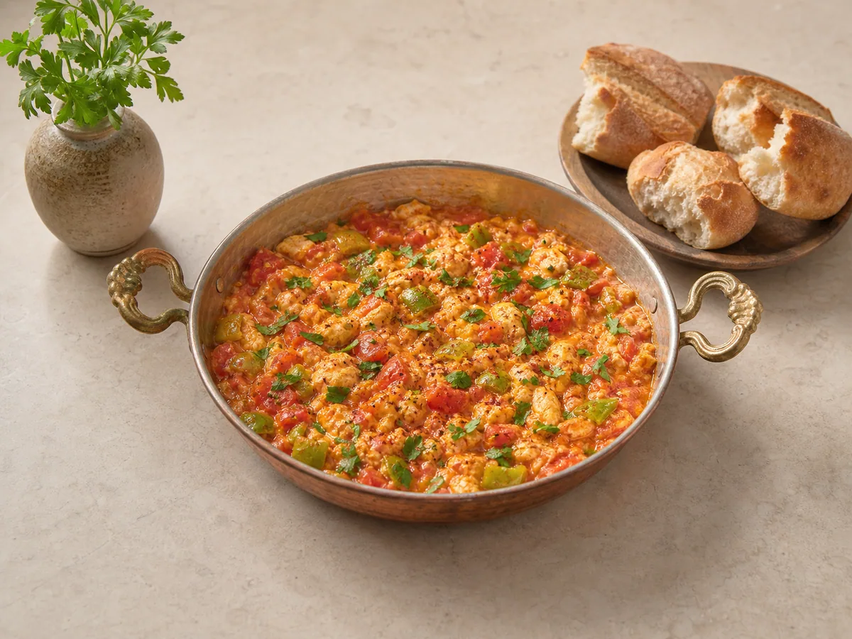 Menemen turco com tomates e pimentões verdes em uma frigideira rasa