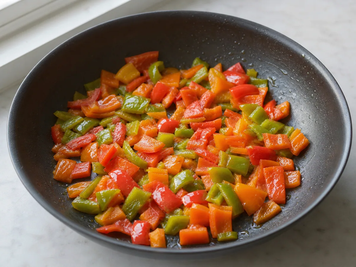 Rodelas de pimentão verde macias, com bordas levemente douradas, em uma frigideira para menemen turco